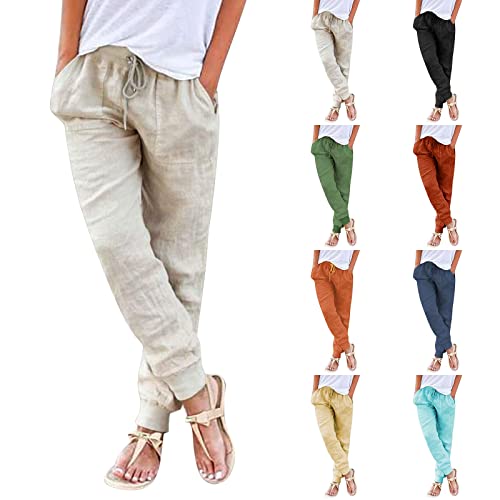 Hose Damen Sommer Casual Baumwolle Leinen Stoffhose Einfarbig Freizeithose Stretch Leicht Leinenhose Straight Leg Hose und Taschen (001 Khaki, L) von Generic