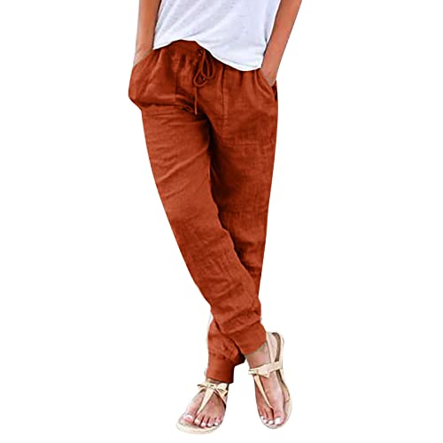 Hose Damen Sommer Casual Baumwolle Leinen Stoffhose Einfarbig Freizeithose Stretch Leicht Leinenhose Straight Leg Hose und Taschen (01 Orange, L) von Generic