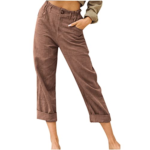 Hose Damen Sommer Casual Baumwolle Leinen Stoffhose Einfarbig Freizeithose Stretch Leicht Leinenhose Straight Leg Hose und Taschen Sommerhose Damen Leicht 7/8 Stoffhose Leinenhose Damen Sommer Capri von Generic