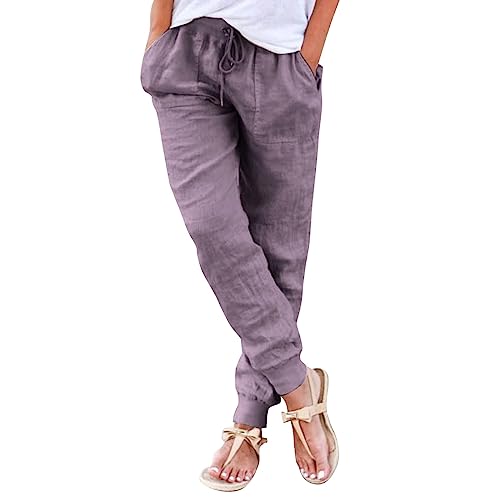 Hose Damen Sommer Casual Baumwolle Leinen Stoffhose Einfarbig Freizeithose Stretch Leicht Leinenhose Straight Leg Hose und Taschen von Generic