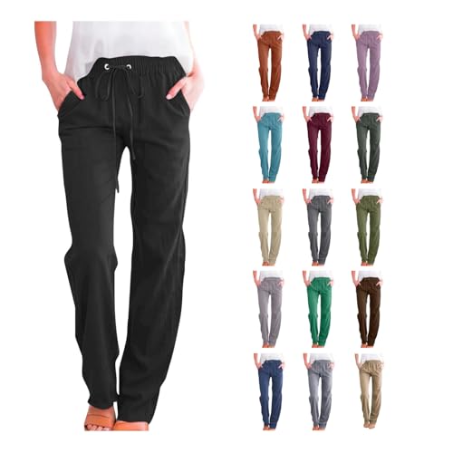 Hose Damen Sommer Casual Leinenhose Baumwolle Leinen Stoffhose Einfarbig Freizeithose Stretch Leicht Trainingshose Straight Leg Hose Kordelzug und Taschen Pumphose Musselin Trackpant von Generic