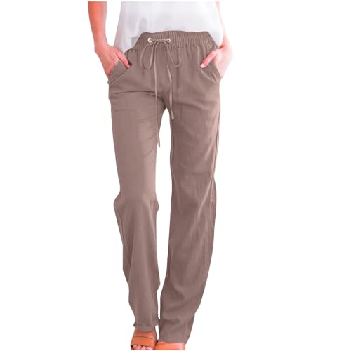 Hose Damen Sommer Casual Leinenhose Baumwolle Leinen Stoffhose Einfarbig Freizeithose Stretch Leicht Trainingshose Straight Leg Hose Kordelzug und Taschen Pumphose Musselin Trackpant von Generic
