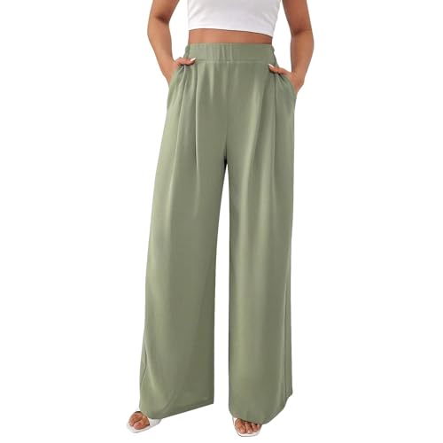 Hose Damen Sommer Weites Bein - Freizeithose Hight Waist Sommerhose Einfarbig Palazzo Hose Gerade Geschnitten Stoffhose Leichte Lässige Anzughose Bequeme Business-Hosen mit Taschen von Generic