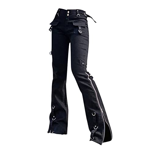 Hose Gothic Punk Cargohose Harajuku Streetwear Damen High Waist Schwarz Jeanshose Bootcut Damenjeans Stretch Schlaghose Mit Reißverschluss Pants Y2K Outdoorhose Boyfriend Jeans Teenager Mädchen von Generic
