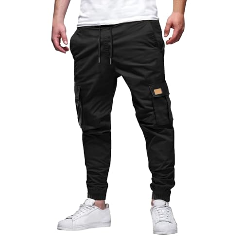 Hose Herren Slim Fit Cargo Herren Cargohose Leichte Sommerhose Jungen Jogginghose Wanderhose Arbeitshosen mit Kordelzug Taschen Freizeithose Trekkinghose Sweatpants Black L von Generic