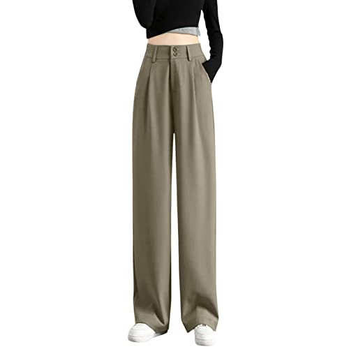 Hose Mit Hoher Taille Damen Damenhose mit weitem Bein, tailliert im Rücken, Business-Arbeitshose,gerade Anzughose für den Sommer Stoffhose Hohe Taille Hose Casualose Weite Beine Anzughose (Khaki, M) von generic