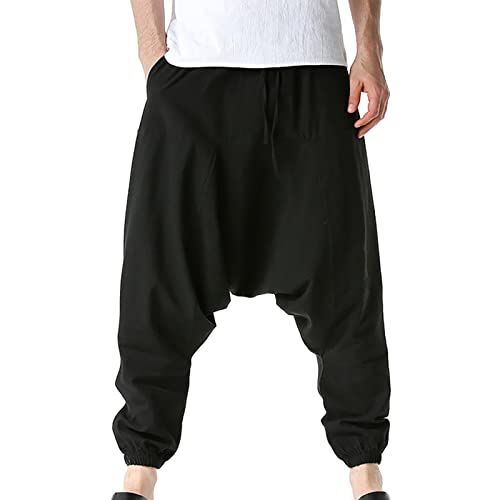 Hose Schwarz Herren Männer Casual Sommer lose Kordelzug mittlere Taille Yoga Haremshose mit Taschen Karo Hose Herren von Generic