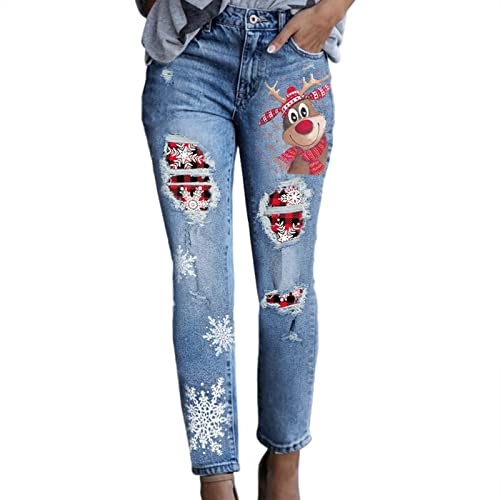 Hosen Für Mädchen Teenager 5 Damen-Leggings mit Hirschmuster, Patchwork, zerrissene Hose, mittlere Taille, Loch, Jeanshose, Distressed Washed Christmas Patch Print Denim Pants Hose Weste Damen 48 von Generic