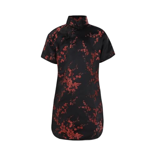 Hosen Kette Edelstahl, große Kinder, kurzärmelig, Stehkragen, Blumendruck, chinesisches Cheongsam, Neujahrskleid, Urlaubskleider Wagon Mädchen (Black, 9-10 Years) von Generic