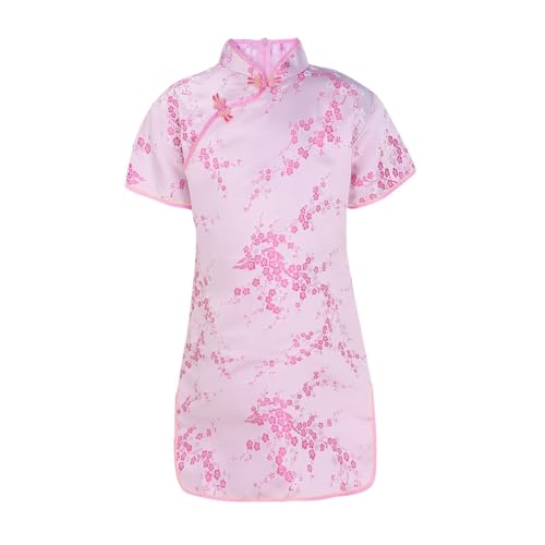 Hosen Kette Edelstahl, große Kinder, kurzärmelig, Stehkragen, Blumendruck, chinesisches Cheongsam, Neujahrskleid, Urlaubskleider Wagon Mädchen (Pink, 7-8 Years) von Generic