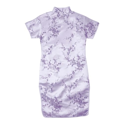 Hosen Kette Edelstahl, große Kinder, kurzärmelig, Stehkragen, Blumendruck, chinesisches Cheongsam, Neujahrskleid, Urlaubskleider Wagon Mädchen (Purple, 5-6 Years) von Generic