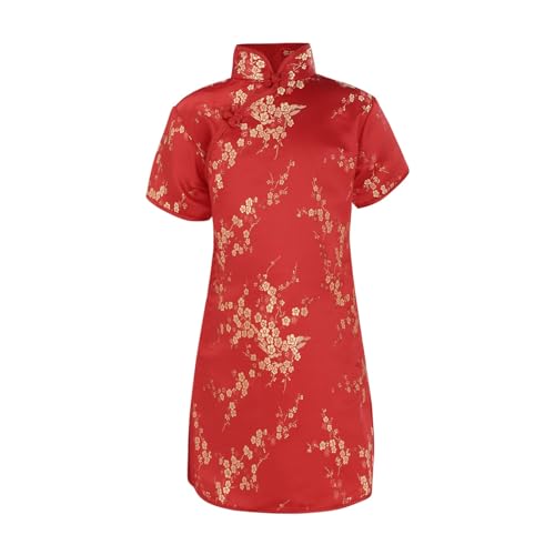 Hosen Kette Edelstahl, große Kinder, kurzärmelig, Stehkragen, Blumendruck, chinesisches Cheongsam, Neujahrskleid, Urlaubskleider Wagon Mädchen (Red, 3-4 Years) von Generic