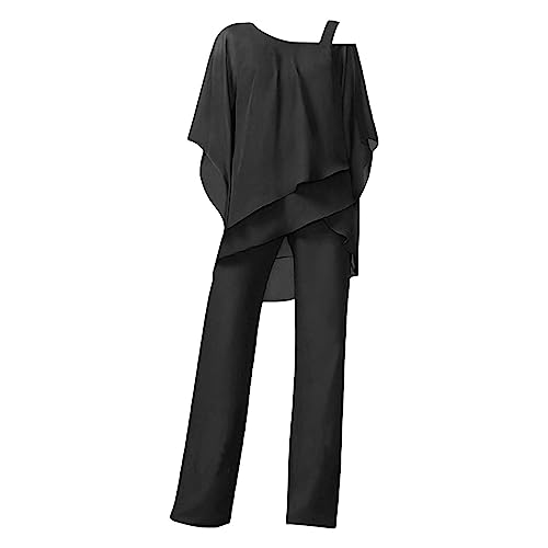 Hosenanzug Damen Business 2 Teiler | Freizeitanzug Damen Elegant Große Größen | Einfarbig Outfit 2-Teiliges Batwing Ärmel Unregelmäßiger Shirts Hohe Taille Weites Bein Hose Zweiteiler Abendanzug von Generic