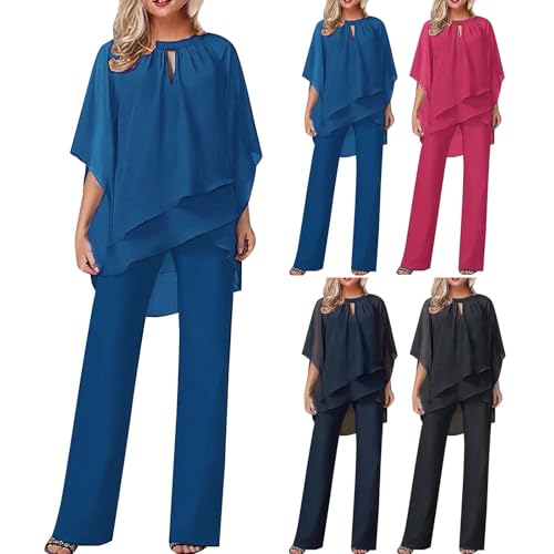 Hosenanzug Damen Business 2 Teiler | Freizeitanzug Damen Elegant Große Größen | Einfarbig Outfit 2-Teiliges Batwing Ärmel Unregelmäßiger Shirts Hohe Taille Weites Bein Hose Zweiteiler Abendanzug von Generic