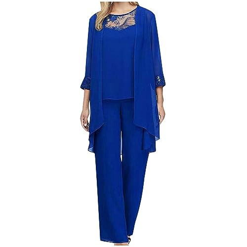 Hosenanzug Damen Chiffon Lose Mode Freizeitanzug Einfarbig Spitze Lounge Set Neues 2024 Kleidungsset Lose Freizeit Hosenanzug Atmungsaktiv Undurchsichtig Outfit Sommer Elegant Anzug (Blau, 5XL) von Generic