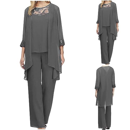 Hosenanzug Damen Chiffon Lose Mode Freizeitanzug Einfarbig Spitze Lounge Set Neues 2024 Kleidungsset Lose Freizeit Hosenanzug Atmungsaktiv Undurchsichtig Outfit Sommer Elegant Anzug (Grau, S) von Generic