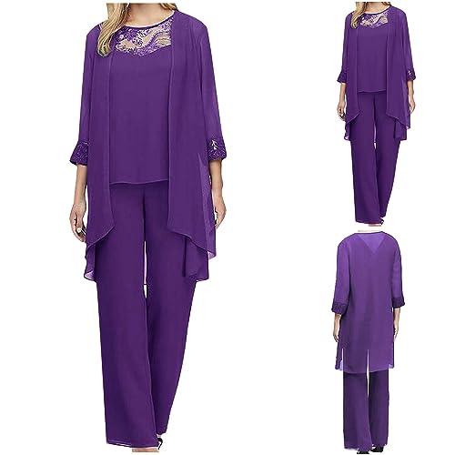 Hosenanzug Damen Chiffon Lose Mode Freizeitanzug Einfarbig Spitze Lounge Set Neues 2024 Kleidungsset Lose Freizeit Hosenanzug Atmungsaktiv Undurchsichtig Outfit Sommer Elegant Anzug (Lila, 5XL) von Generic