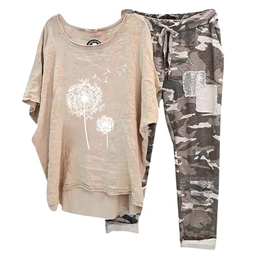 Hosenanzug Damen Elegant 2 Teiler Weite Caprihose und Große Größen Leicht Top Zweiteiler Outfit Leicht Schick Lässiger Anzug Freizeitanzug Hausanzug Tracksuit Leinenanzug Strand Urlaub Streetwear von Generic