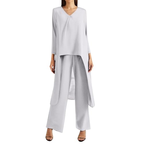 Hosenanzug Damen Festlich Elegant 2 Teiler Chiffon Shirt Und Hohe Taille Hosenanzug Große Größen Tüll Abendanzug Sets Zweiteiler Outfit Set Brautmutter Anzug Damen Zweiteiler Outfit Tops von Generic