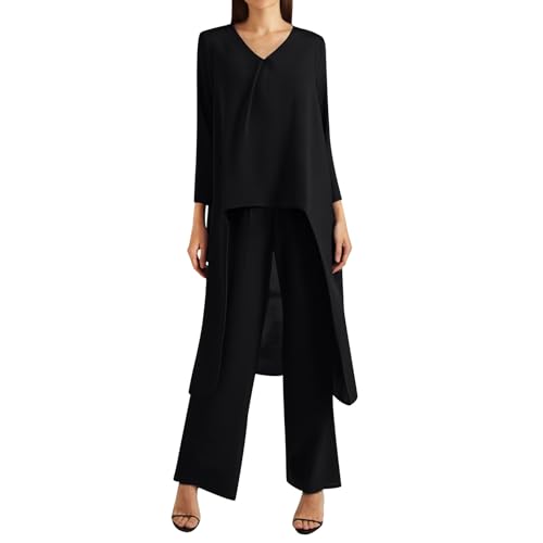 Hosenanzug Damen Festlich Elegant 2 Teiler Chiffon Shirt Und Hohe Taille Hosenanzug Große Größen Tüll Abendanzug Sets Zweiteiler Outfit Set Brautmutter Anzug Damen Zweiteiler Outfit Tops von Generic