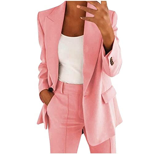Hosenanzug Damen Festlich Elegant Einfarbig/Kariert Blazer Zweiteiler Set Revers Langarm 2pc Anzug Outfit Schlank Anzugjacke und Hose mit Elastischer Taille Bequem Business Jacke Partykleidung von Generic