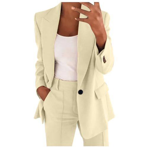 Hosenanzug Damen Festlich Elegant Einfarbig/Kariert Blazer Zweiteiler Set Revers Langarm 2pc Anzug Outfit Schlank Anzugjacke und Hose mit Elastischer Taille Bequem Business Jacke Partykleidung von Generic
