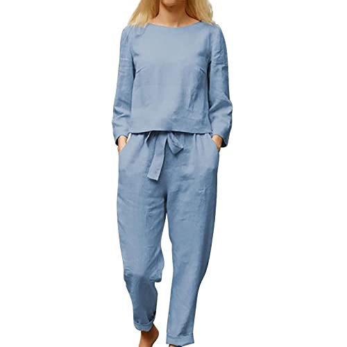 Hosenanzug Damen Festlich Elegant: Leinen Baumwolle Grobe Groben Loungewear Freizeitanzug Kuschelig Weites BeinSommer Hausanzug Anzug Lang 2 Teiler Set Modern Leinenanzug Hosenanzug von Generic