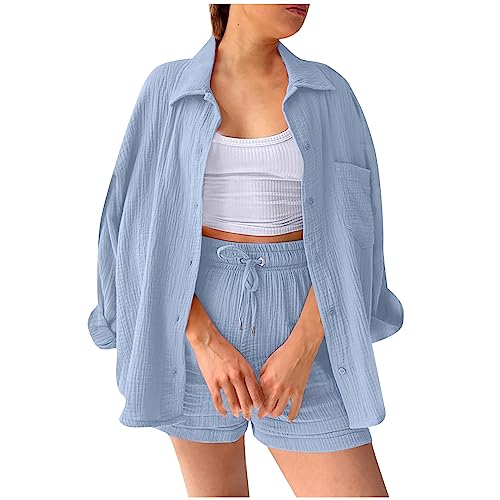 Hosenanzug Damen Leinen Zweiteiliges Leinenanzug Short Set Kurzarm Blusen Shirt und Shorts Sommer Elegant Outfit 2 Teiler Kurz Sportbekleidung Freizeitanzug Baumwolle Leinen Anzug Loungewear von Generic