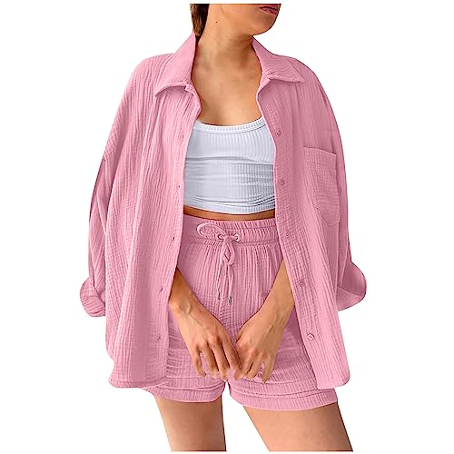 Hosenanzug Damen Leinen Zweiteiliges Leinenanzug Short Set Kurzarm Blusen Shirt und Shorts Sommer Elegant Outfit 2 Teiler Kurz Sportbekleidung Freizeitanzug Baumwolle Leinen Anzug Loungewear von Generic