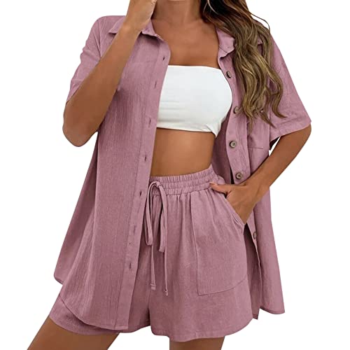 Hosenanzug Damen Leinen Zweiteiliges Leinenanzug Short Set Kurzarm Blusen Shirt und Shorts Sommer Elegant Outfit 2 Teiler Kurz Sportbekleidung Freizeitanzug Baumwolle Leinen Anzug Loungewear von Generic