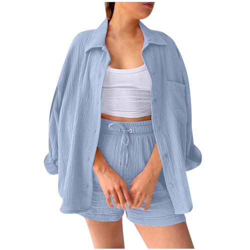 Hosenanzug Damen Sommer,Zweiteiler Leinen,Zweiteiler Damen Elegant Sommer Musselin Bluse Hemd und Shorts Clothes Aesthetic Zweiteiler Lounge Set Strand Outfit Set Two Piece Set Women,blau,XXL von Generic