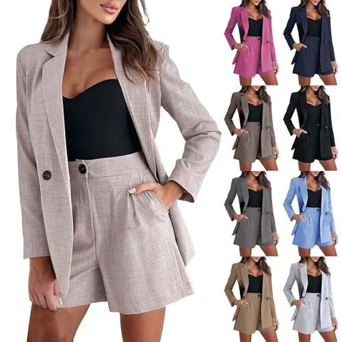 Hosenanzug Damen elegant 2 teiler mit kurzer Hose - Business Anzug Damen Set Langarm Anzugjacke und Kurze Anzughose mit Tasche einfarbig Businessanzug Büro Hosenanzüge Slimfit Freizeitanzug von Generic