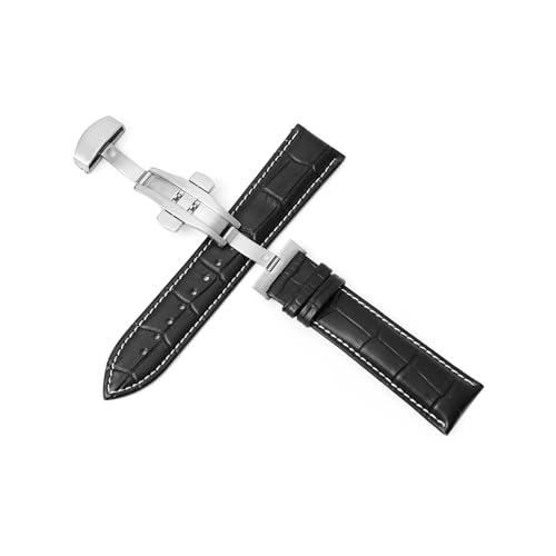 HuanJ Uhrenarmbänder 12-24mm Leder Doppeldruck-Schmetterlingsschnalle Band Uhrenzubehör Armband 20mm 22mm(Silver-black-white,12mm) von Generic