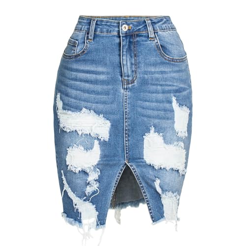 Hüftbetonter Damen-Jeansrock mit Löchern und Quasten – Hellblau – XL Hüftbetonter Damen-Jeansrock mit Löchern und Quasten – Hellblau – XL von Generic