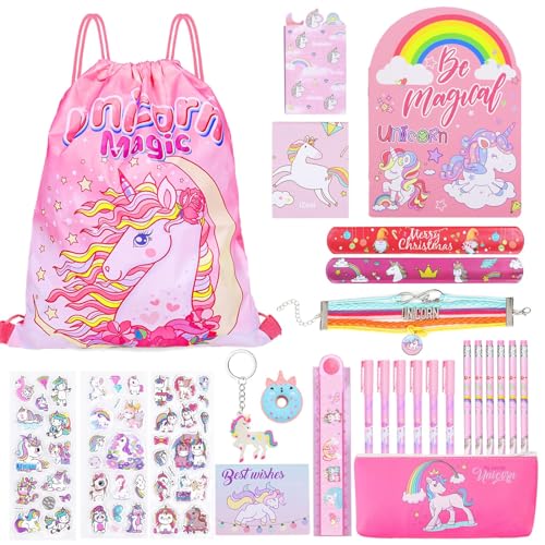 Humairc Einhorn Schreibwaren Kinder Mädchen Federmäppchen Haftnotizen Stift Notizbuch Armband Rucksack Einhorn Schreibwarenset Weihnachten Geschenk von Generic