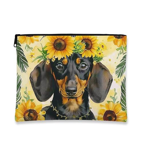 Hunde-Make-up-Tasche, Sonnenblumen-Tierdruck, Kosmetiktasche für Damen, tragbar, klein, Segeltuch, Reißverschluss, Festival-Geschenk, Hautpflege, Kulturbeutel, gelb, 7x9 Inch von Generic