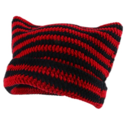 Hut Häkeln Beanie Wintermützen Mit Katzenohren Gestreifte Häkeln Cap Kopfbedeckung Strickmütze Trendy Women Cat Beanies Y2k Zubehör Winter Warm Crochet Cap von Generic