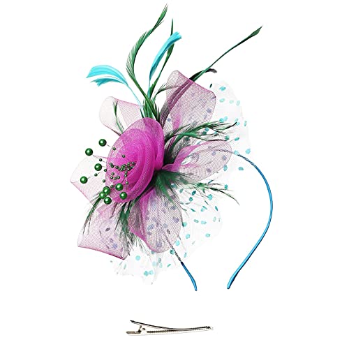 Hut für Damen, Hochzeit, Blume, Cocktail, Netz, Federn, Haarspange, Teeparty, Stirnband, Herren-Haarbänder (Hot Pink-1, Einheitsgröße) von Generic