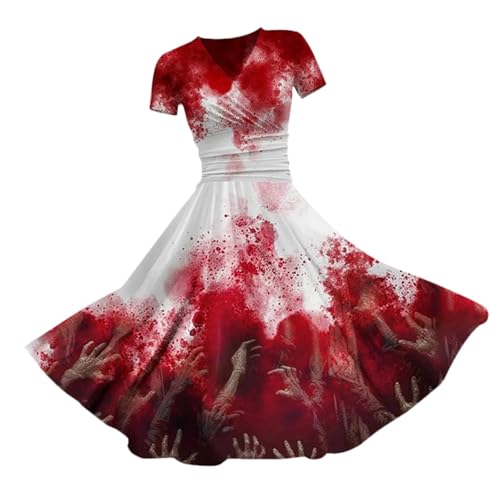 I´m Fine Halloween Kleid Damen Blutigem Print Mittelalter Kleid Problem Gelöst Drucken Halloween Kostüm V-Ausschnitt Kurzarm Kostüm Party Karneval Kostüm Kleid Blutigem Aufdruck (Watermelon Red-e, L) von Generic