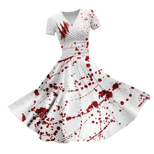 I´m Fine Halloween Kleid Damen Blutigem Print Mittelalter Kleid Problem Gelöst Drucken Halloween Kostüm V-Ausschnitt Kurzarm Kostüm Party Karneval Kostüm Kleid Blutigem Aufdruck (White-e, S) von Generic