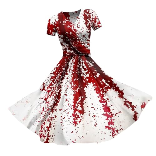 I´m Fine Halloween Kleid Damen Blutigem Print Mittelalter Kleid Problem Gelöst Drucken Halloween Kostüm V-Ausschnitt Kurzarm Kostüm Party Karneval Kostüm Kleid Blutigem Aufdruck Mittelalter (Red-e, M) von Generic