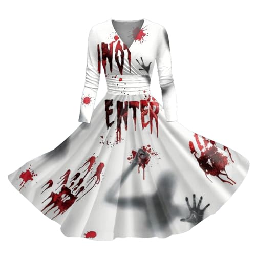 I´m Fine Halloween Kleid Damen mit Blutigem Print Mittelalter Kleid Problem Gelöst Drucken Halloween-Kostüm V-Ausschnitt Kurzarm Kostüm Party Bequemer Cocktailkleid Karneval Halloween Kostüm Damen von Generic