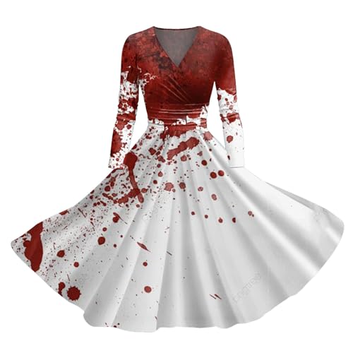 I´m Fine Halloween Kleid Damen mit Blutigem Print Mittelalter Kleid Problem Gelöst Drucken Halloween-Kostüm V-Ausschnitt Kurzarm Kostüm Party Bequemer Cocktailkleid Karneval Halloween Kostüm Damen von Generic