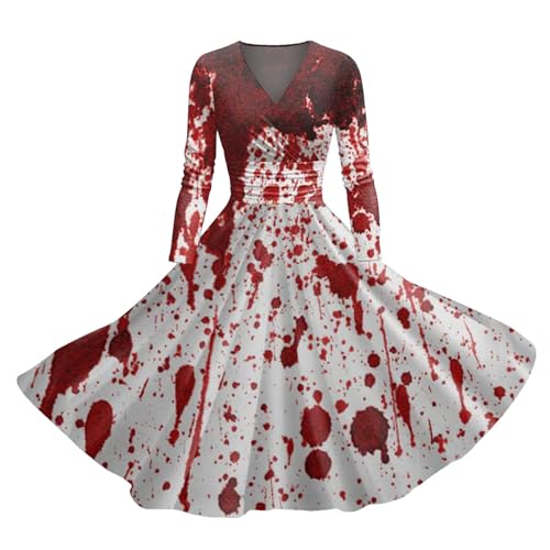 I´m Fine Halloween Kleid Damen mit Blutigem Print Mittelalter Kleid Problem Gelöst Drucken Halloween-Kostüm V-Ausschnitt Kurzarm Kostüm Party Bequemer Cocktailkleid Karneval Halloween Kostüm Damen von Generic