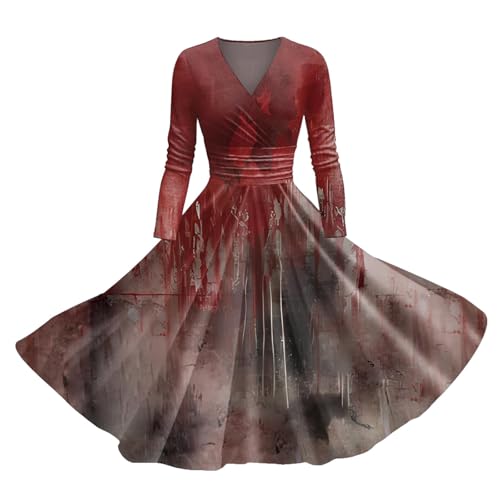 I´m Fine Halloween Kleid Damen mit Blutigem Print Mittelalter Kleid Problem Gelöst Drucken Halloween-Kostüm V-Ausschnitt Kurzarm Kostüm Party Bequemer Cocktailkleid Karneval Halloween Kostüm Damen von Generic