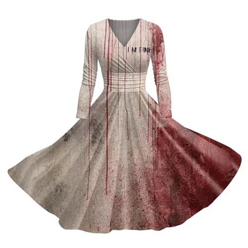 I´m Fine Halloween Kleid Damen mit Blutigem Print Mittelalter Kleid Problem Gelöst Drucken Halloween-Kostüm V-Ausschnitt Kurzarm Kostüm Party Bequemer Cocktailkleid Karneval Halloween Kostüm Damen von Generic