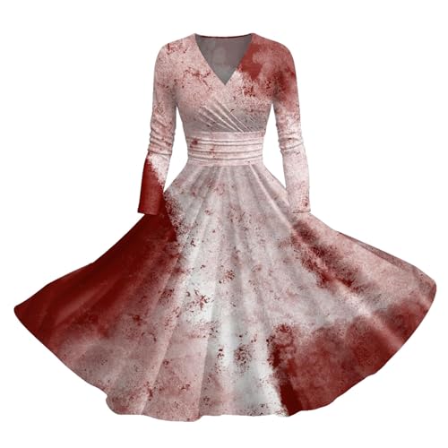 I´m Fine Halloween Kleid Damen mit Blutigem Print Mittelalter Kleid Problem Gelöst Drucken Halloween-Kostüm V-Ausschnitt Kurzarm Kostüm Party Karneval Kleider Damen Blutigem Print Mittelalter Kleidung von Generic
