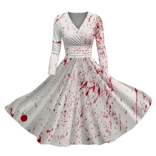 I´m Fine Halloween Kleid Damen mit Blutigem Print Mittelalter Kleid Problem Gelöst Drucken Halloween-Kostüm V-Ausschnitt Kurzarm Kostüm Party Karneval Kleider Damen Blutigem Print Mittelalter Kleidung von Generic