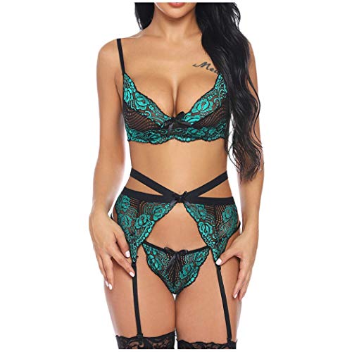 IFOUNDYOU Damen Ouvert Dessous Set Sexy Set String Unterwäsche BH Stickerei mit Strumpfhose reizvolle Spitze für Unterwäsche TüRkis WäSche Dessous Set Sexy Unterwäsche Curvy von Generic