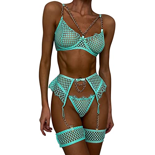 IFOUNDYOU Dessous Set Damen Mit Gurt Damen reizvolles Dessous Set mit Strumpfband BH und Panty Spitzen Bügel Dessous Sets Unterwäsche Damen TüRkis GrüNe Unterwäsche Damen von Generic